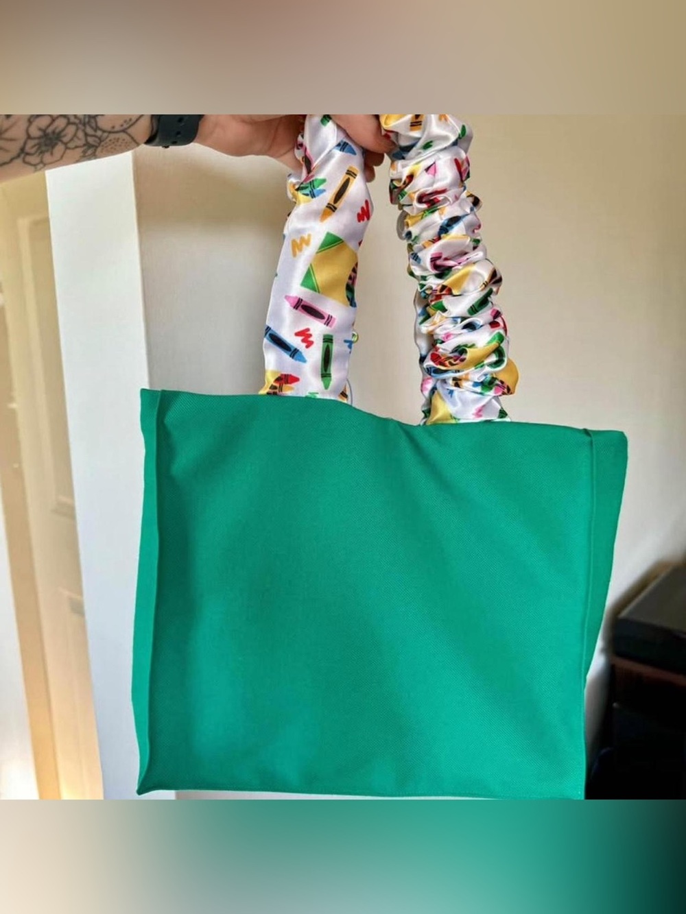 Turqoise Tote with Colorful crayon art supplies Scrunchie Handles Teacher Style